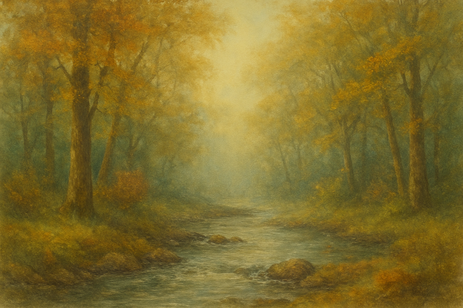 Mystical watercolor forest with a pond